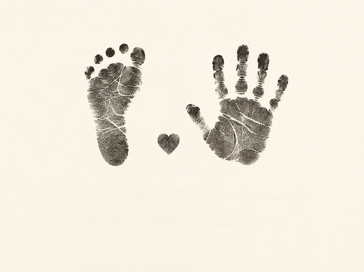 A newborn's footprint and handprint in ink